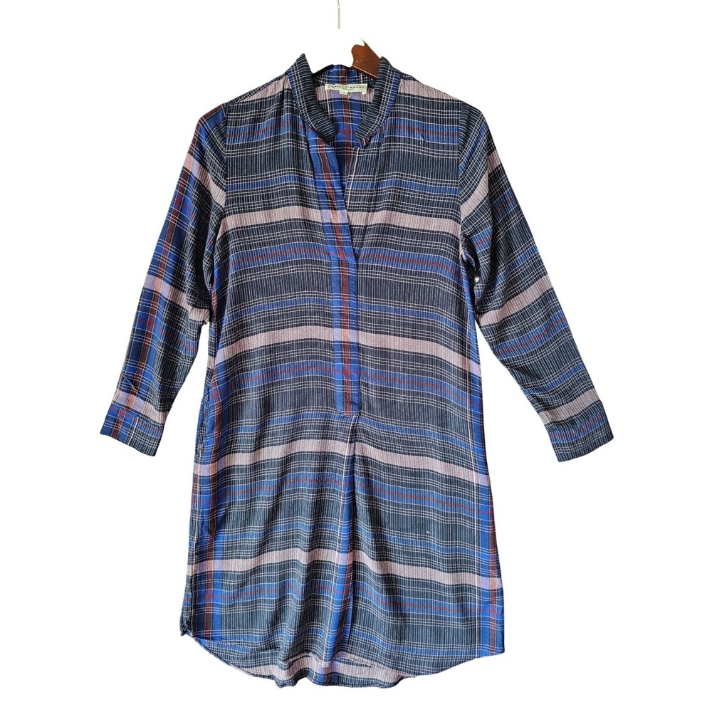 Apiece Apart Blue Purple Plaid Tunic Dress Womens Size 0 3/4 Sleeve Split Neck